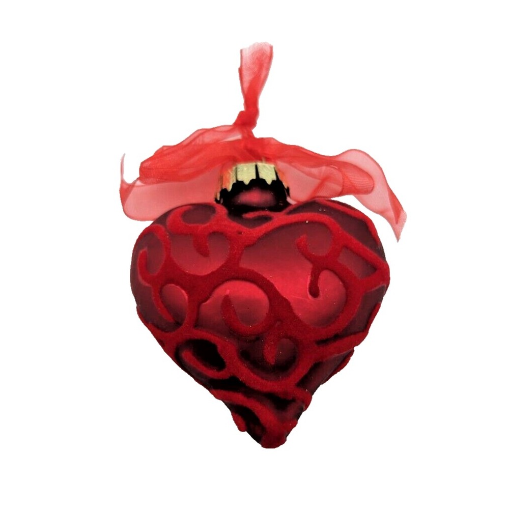 Red Heart Shaped Ornament with Flocked‎ Design